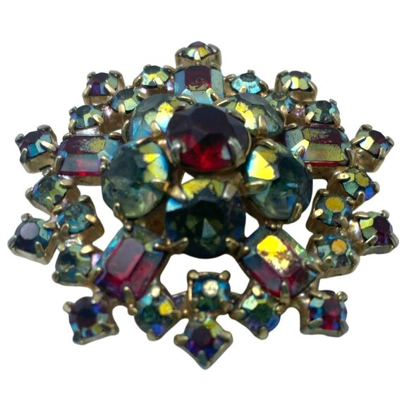 Vintage Aurora Borealis Brooch AB Red Blue Green Austrian MCM 1 3/4" GORGEOUS! - Picture 2 of 8